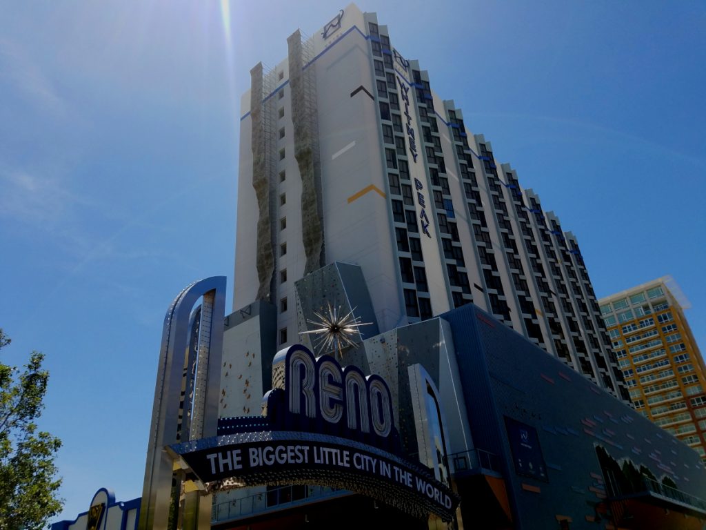 The East face of the Whitney Peak Hotel in Downtown Reno. Home to the world's tallest artificial climbing wall.