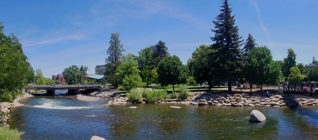 Wingfield Park in the summertime is an excellent place for recreation and relaxation. There is access to shade, grass, foot bridges, foot paths and views of the white water features.