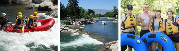 Three examples of popular activities on the Truckee River. There is rafting on the upper Truckee, cascading rapid features coming through Wingfield Park, and happy float tubing enthusiasts.