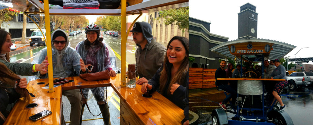 Brew bike passengers having fun in the rain