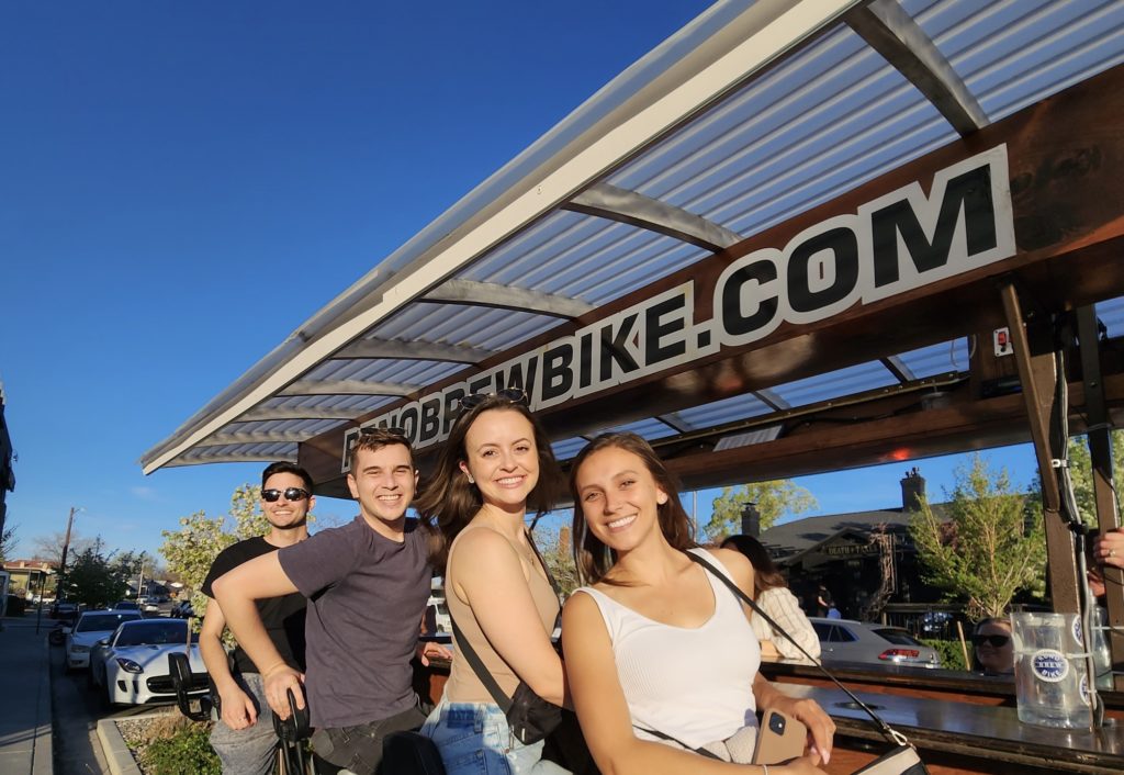 4 passengers enjoying the Reno Brew Bike on their seats