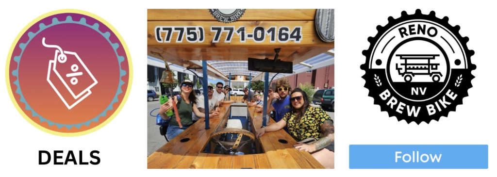 Reno Brew Bike Instagram Highlight DEALS profile picture, Photograph of Brew Bike Passengers having fun on Brew Bike, Brew Bike Logo and blue Follow button